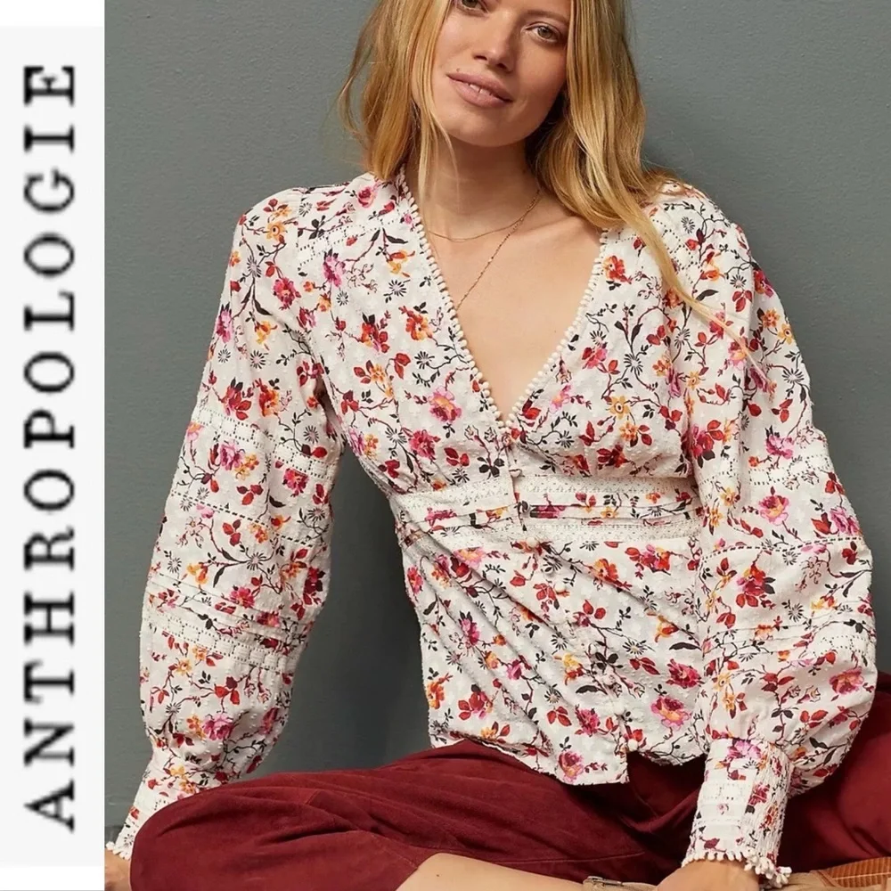 Like New Anthropologie Romantic Lace Long Sleeve Blouse 0